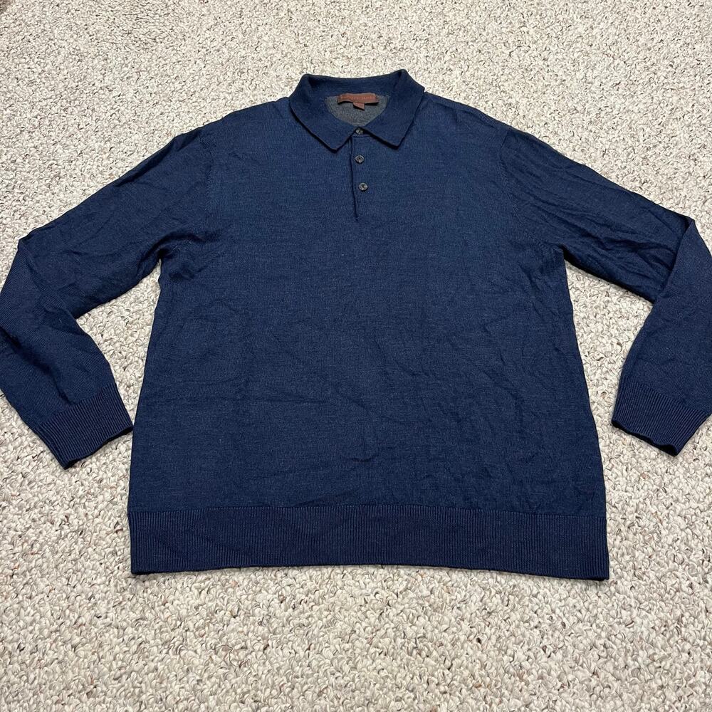 Patrick James 100% Merino Wool Polo Sweater Sz L Navy Blue Quiet Luxury Preppy